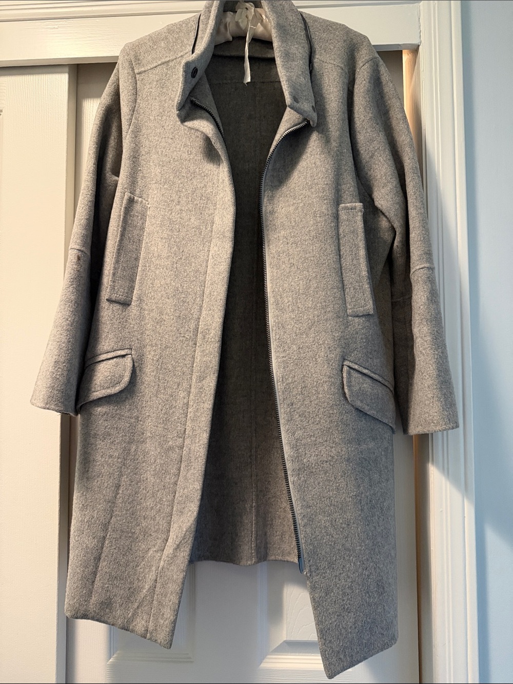 Vince Light Gray Wool-Blend Peacoat With Removable Fur Hood